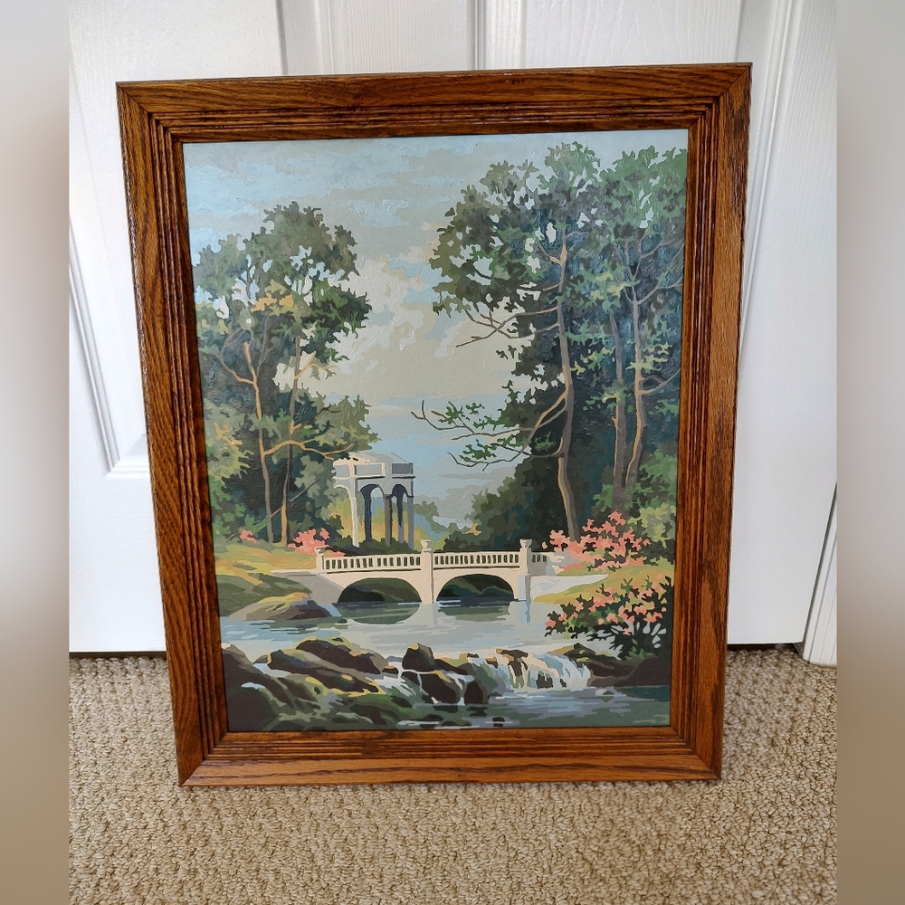 Vintage Paint By Number Framed Garden Bridge River Folly